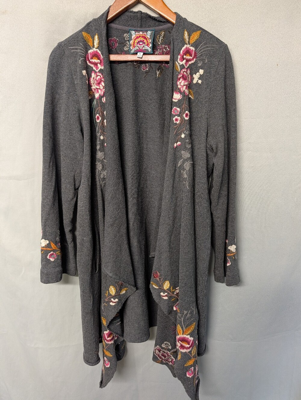 Johnny Was 🪷 Gray Embroidered Open-Front Cardigan with Floral + Bird Size M